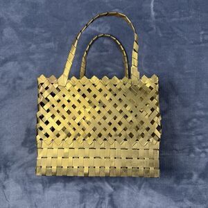 Vintage Metal Handwoven Basket with Handles Gold Tone